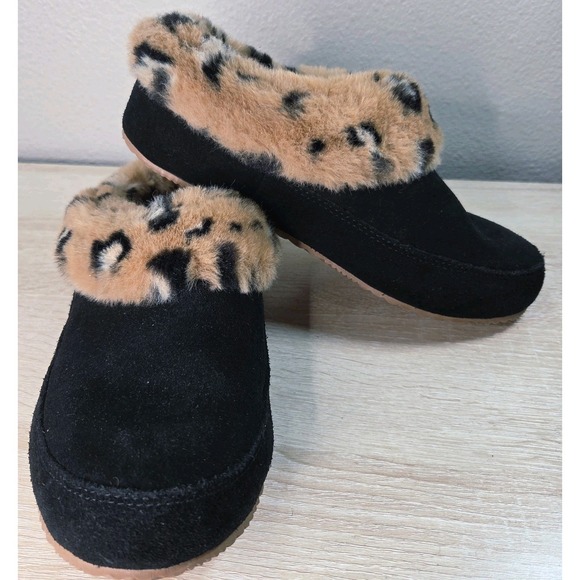 Sorel Shoes - Sorel Leopard Sherpa Slipper Shoes Women's 7 Black Suede Indoor Outdoor House...